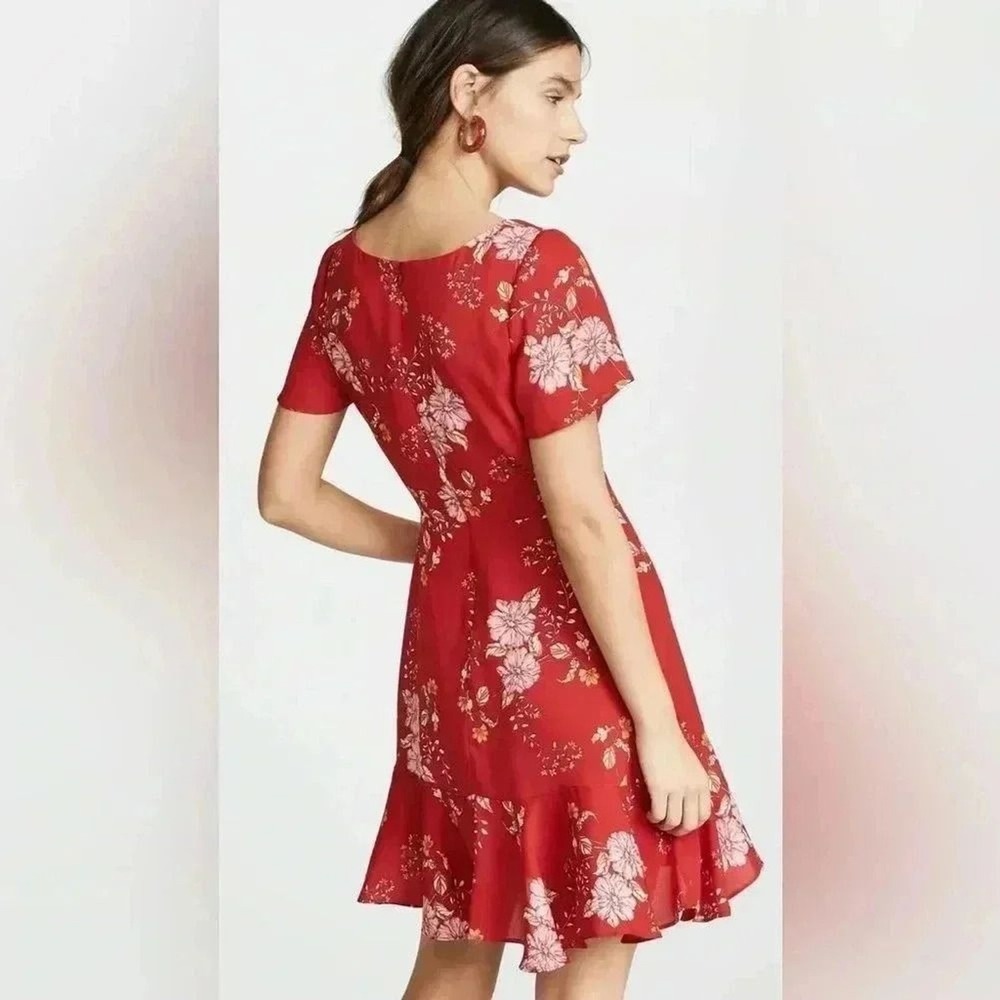 BB‎ Dakota Red Floral V-Neck Tie Front Ruffle Mini Dress Short Sleeve S Small
